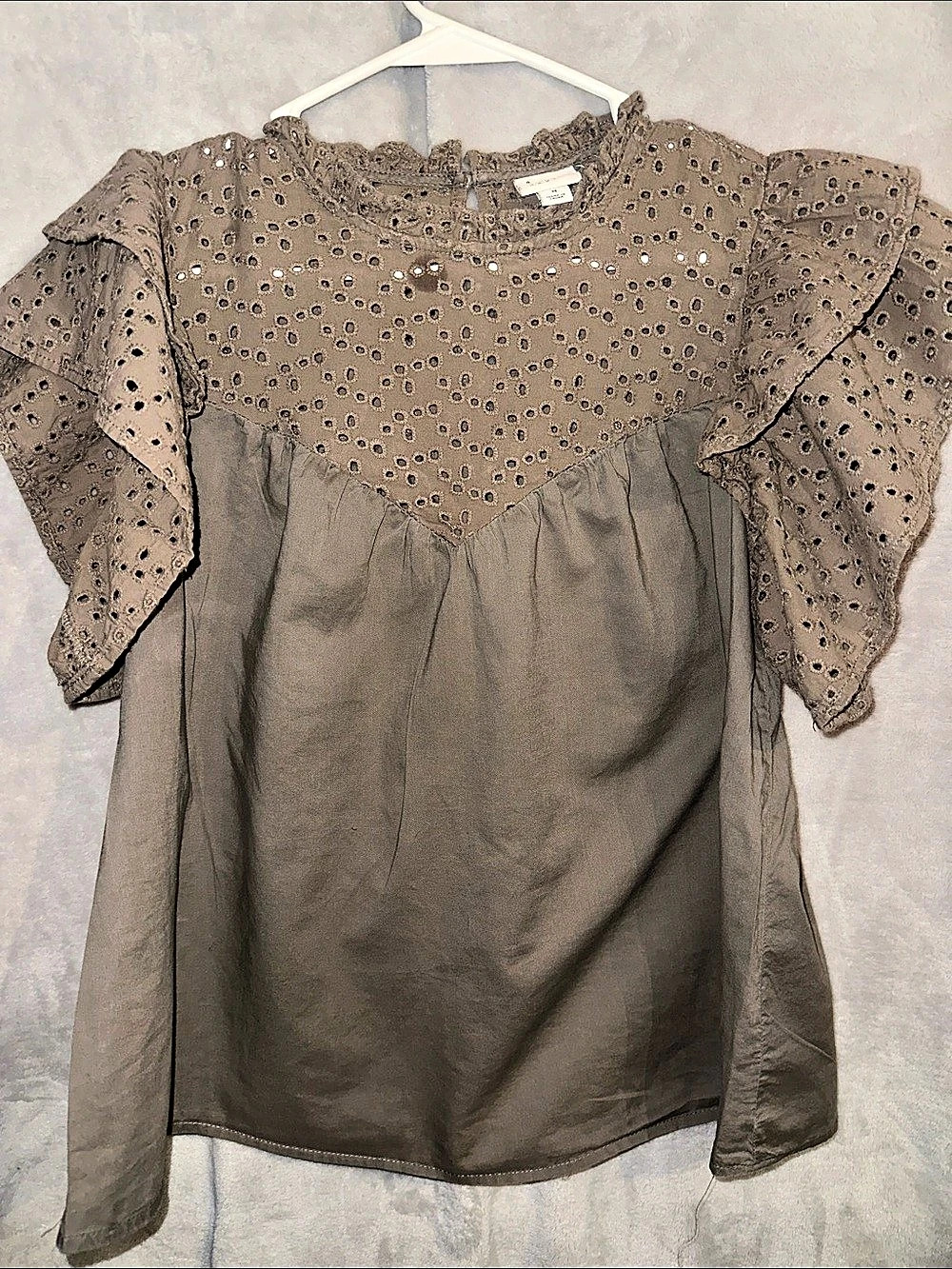 a new day Eyelet Ruffle Sleeve Blouse in Brown Medium